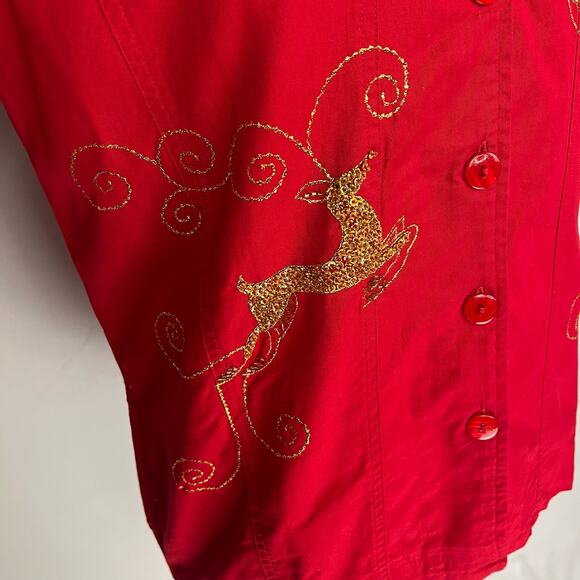 QUAKER FACTORY | Red Christmas Gold Sequin Embroidered Reindeer Jacket | Women's - Picture 2 of 11